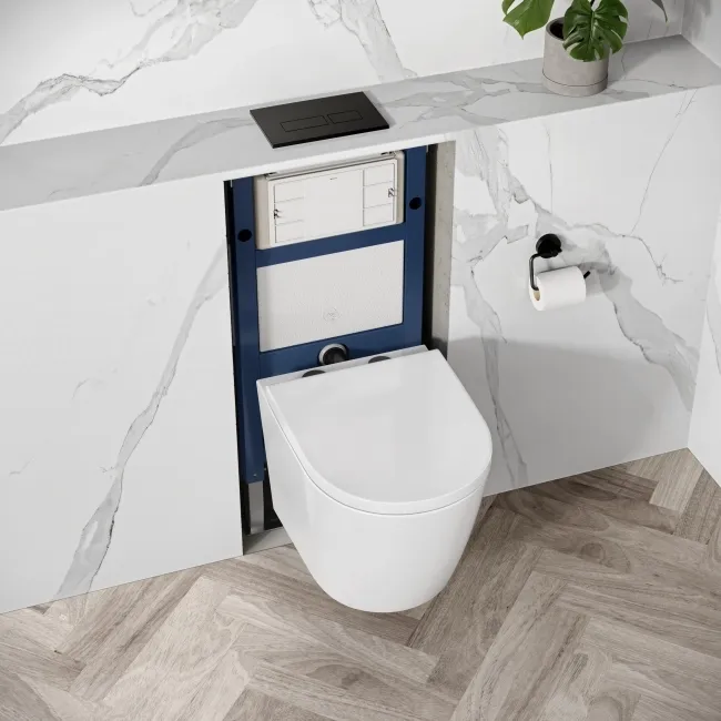 Idaho Pneumatic Compact Top & Front Wall Hung Toilet Frame and Concealed Cistern with Matt Black Flush Plate - Square Buttons