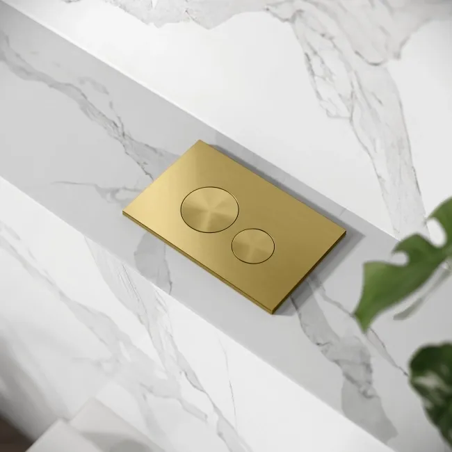 Idaho Pneumatic Top & Front Compact Wall Hung Toilet Frame and Concealed Cistern with Brushed Brass Flush Plate - Round Buttons