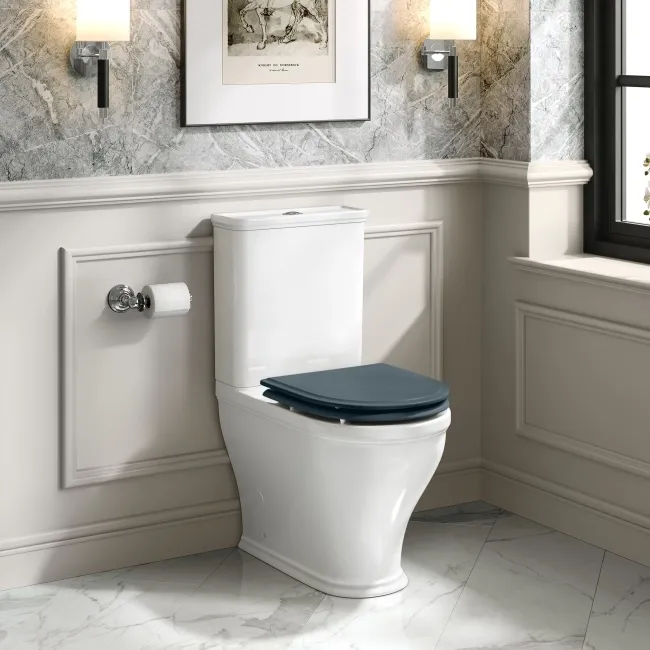 Kansas Traditional Rimless Close Coupled Toilet With Inky Blue Wooden Seat