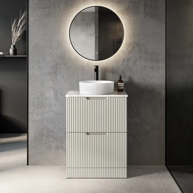 Crete Fluted Linen White Vanity Drawer with Marble Top & Nevis Basin 600mm