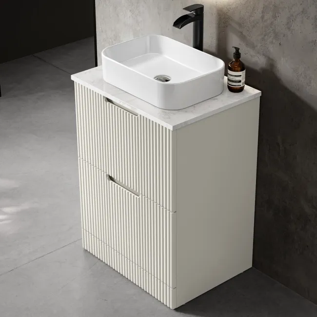 Crete Fluted Linen White Vanity Drawer with Marble Top & Marin Basin 600mm