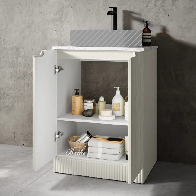 Crete Fluted Linen White Vanity with Marble Top 600mm - Excludes Counter Top Basin