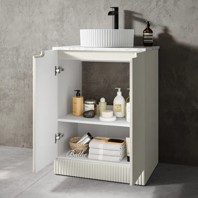 Crete Fluted Linen White Vanity with Marble Top & Nevis Basin 600mm