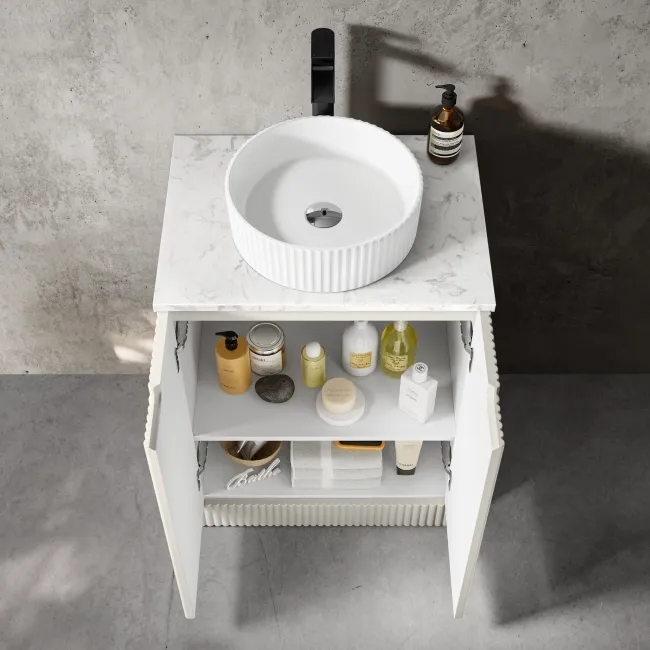 Crete Fluted Linen White Vanity with Marble Top & Nevis Basin 600mm