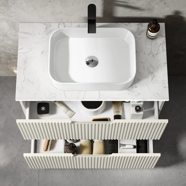 Crete Fluted Linen White Vanity Drawer with Marble Top & Marin Basin 800mm