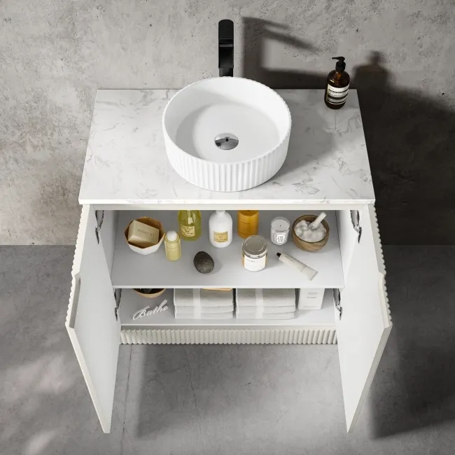 Crete Fluted Linen White Vanity with Marble Top & Nevis Basin 800mm