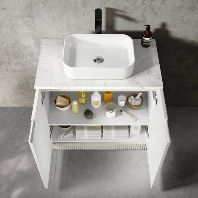 Crete Fluted Linen White Vanity with Marble Top & Marin Basin 800mm