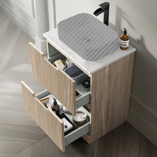 Crete Fluted Apex Oak Vanity Drawer with Marble Top 600mm - Excludes Counter Top Basin