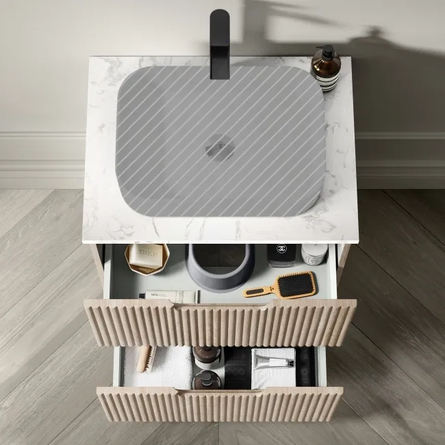 Crete Fluted Apex Oak Vanity Drawer with Marble Top 600mm - Excludes Counter Top Basin