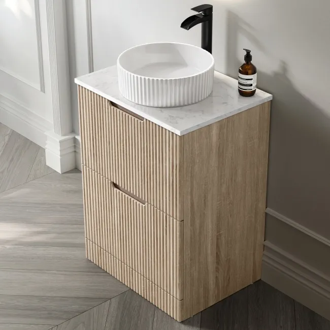 Crete Fluted Apex Oak Vanity Drawer with Marble Top & Nevis Basin 600mm