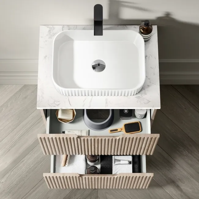 Crete Fluted Apex Oak Vanity Drawer with Marble Top & Reno Basin 600mm