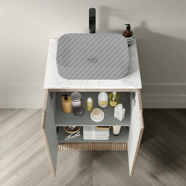 Crete Fluted Apex Oak Vanity with Marble Top 600mm - Excludes Counter Top Basin