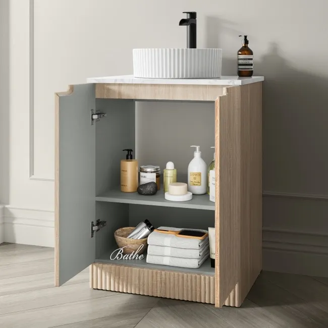 Crete Fluted Apex Oak Vanity with Marble Top & Nevis Basin 600mm