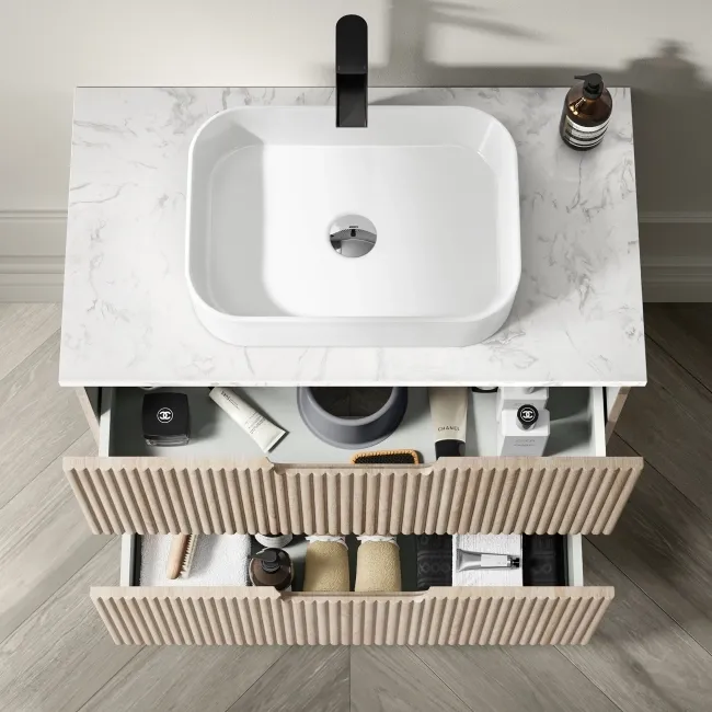 Crete Fluted Apex Oak Vanity Drawer with Marble Top & Marin Basin 800mm
