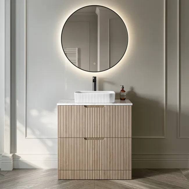 Crete Fluted Apex Oak Vanity Drawer with Marble Top & Reno Basin 800mm