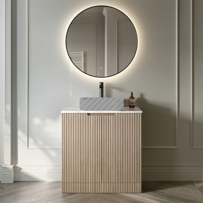 Crete Fluted Apex Oak Vanity with Marble Top 800mm - Excludes Counter Top Basin