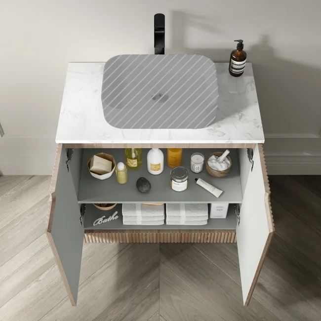 Crete Fluted Apex Oak Vanity with Marble Top 800mm - Excludes Counter Top Basin