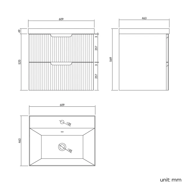 Crete Fluted Charcoal Elm Wall Hung Basin Drawer Vanity 600mm