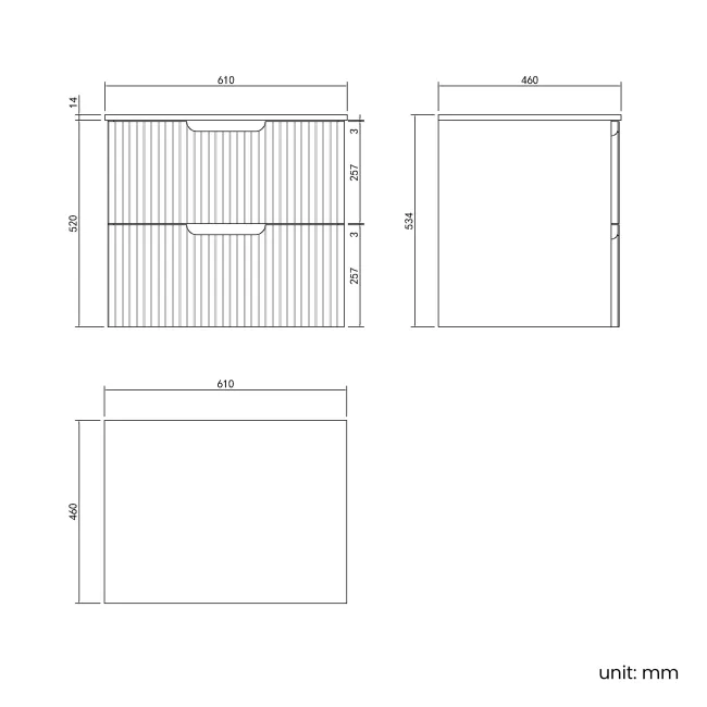 Crete Fluted Charcoal Elm Wall Hung Drawer Vanity with Marble Top 600mm - Excludes Counter Top Basin