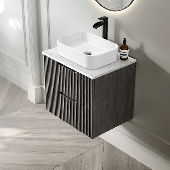 Crete Fluted Charcoal Elm Wall Hung Drawer Vanity with Marble Top & Marin Basin 600mm