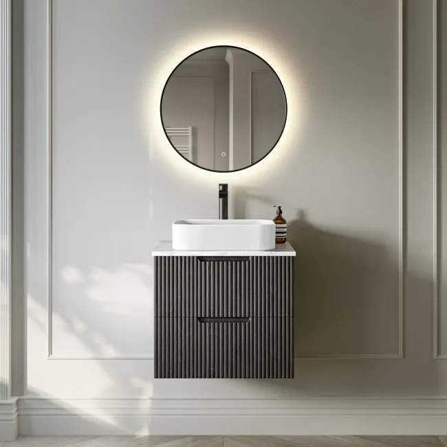 Crete Fluted Charcoal Elm Wall Hung Drawer Vanity with Marble Top & Marin Basin 600mm