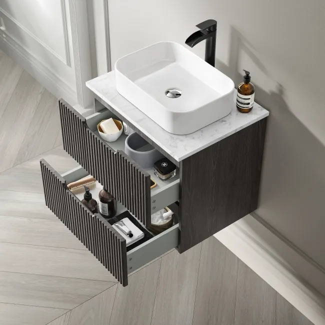 Crete Fluted Charcoal Elm Wall Hung Drawer Vanity with Marble Top & Marin Basin 600mm