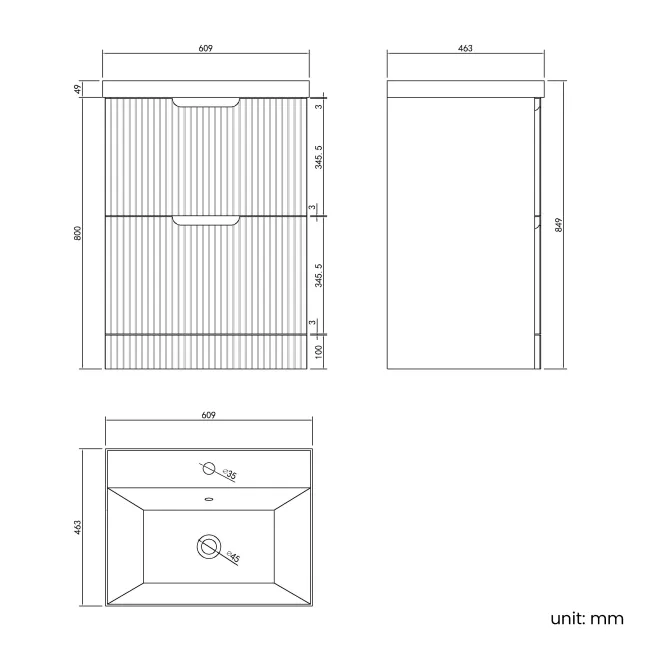 Crete Fluted Charcoal Elm Basin Vanity Drawer 600mm