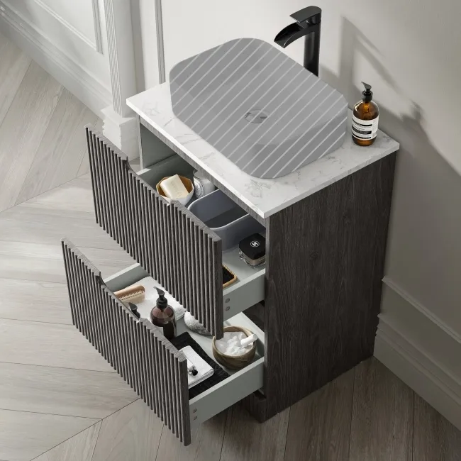 Crete Fluted Charcoal Elm Vanity Drawer with Marble Top 600mm - Excludes Counter Top Basin