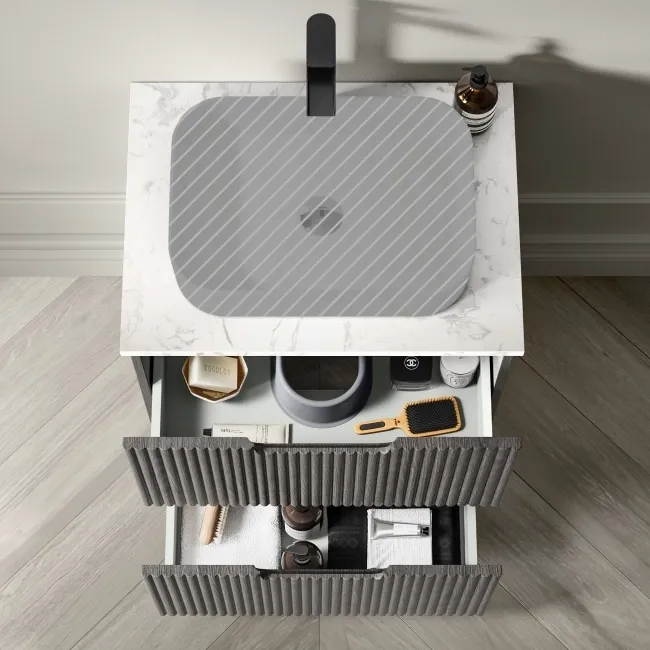 Crete Fluted Charcoal Elm Vanity Drawer with Marble Top 600mm - Excludes Counter Top Basin