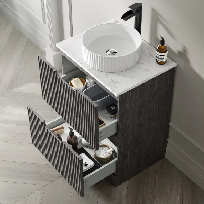 Crete Fluted Charcoal Elm Vanity Drawer with Marble Top & Nevis Basin 600mm