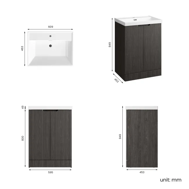 Crete Fluted Charcoal Elm Basin Vanity 600mm