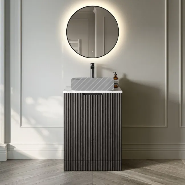 Crete Fluted Charcoal Elm Vanity with Marble Top 600mm - Excludes Counter Top Basin