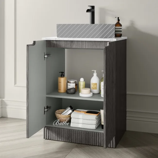 Crete Fluted Charcoal Elm Vanity with Marble Top 600mm - Excludes Counter Top Basin