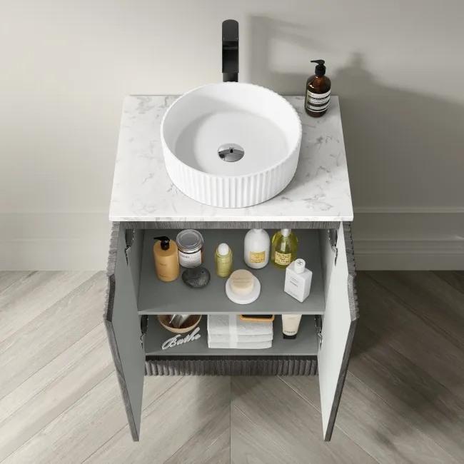 Crete Fluted Charcoal Elm Vanity with Marble Top & Nevis Basin 600mm