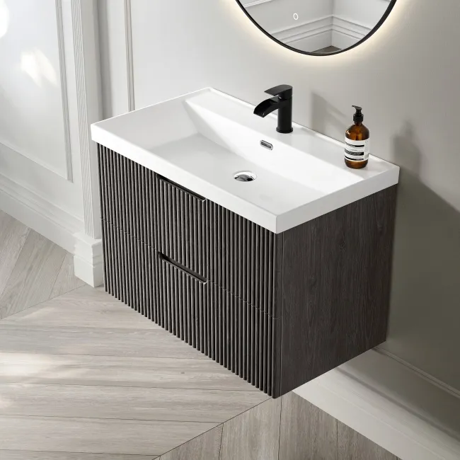 Crete Fluted Charcoal Elm Wall Hung Basin Drawer Vanity 800mm