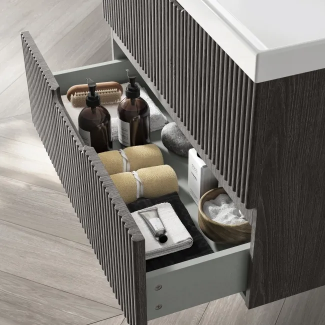 Crete Fluted Charcoal Elm Wall Hung Basin Drawer Vanity 800mm