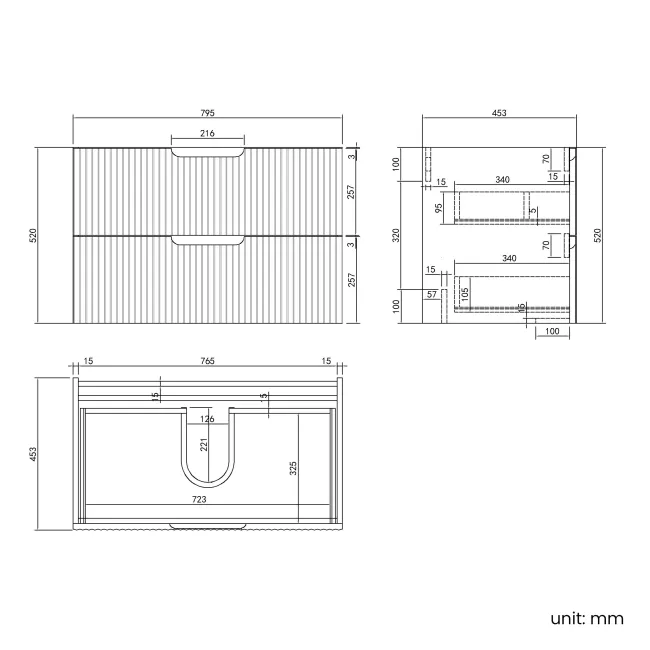Crete Fluted Charcoal Elm Wall Hung Drawer Vanity with Marble Top & Marin Basin 800mm