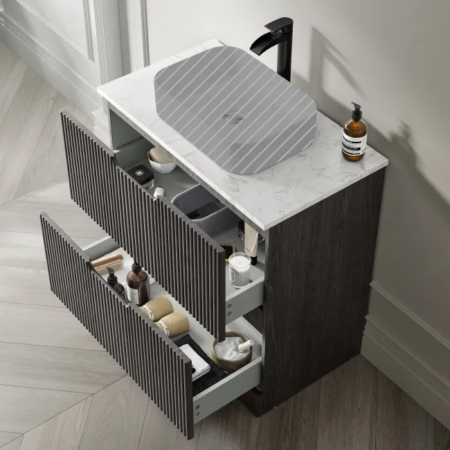 Crete Fluted Charcoal Elm Vanity Drawer with Marble Top 800mm - Excludes Counter Top Basin