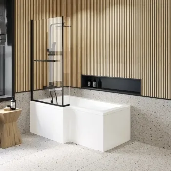 L Shaped 1500 Shower Bath with Front Panel & 6mm Matt Black Easy Clean Screen with Rail - Left Handed