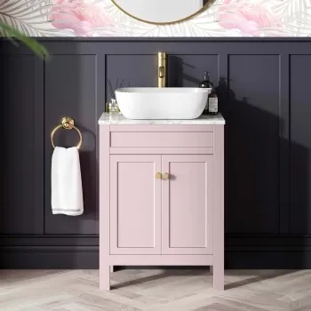 Bermuda Cashmere Pink Vanity with Marble Top & Curved Counter Top Basin 600mm - Brushed Brass Accents