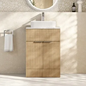 Havana Fluted Country Oak Cabinet with Marble Top & Reno Basin 600mm - Chrome Handles