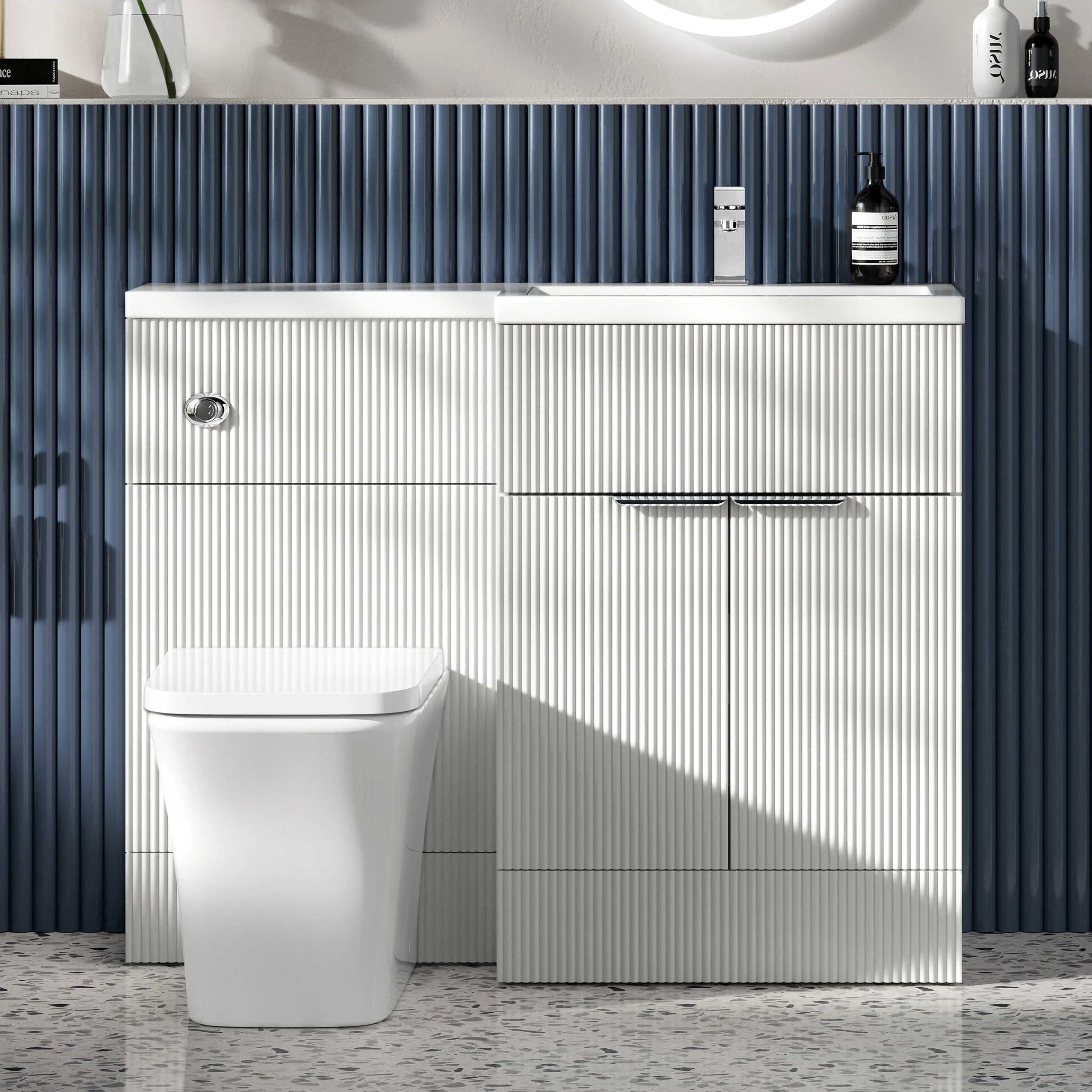 Havana Fluted Coastal White Combination Vanity Basin and Houston Toilet 1100mm - Chrome Handles - Right Handed
