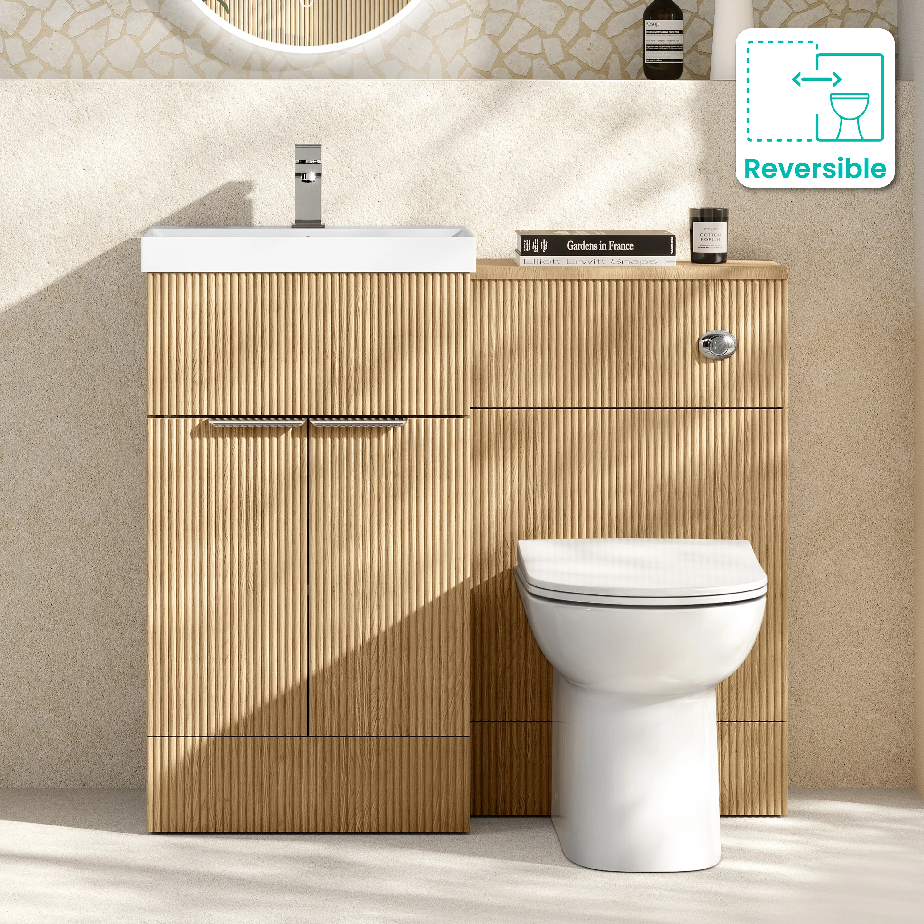 Havana Fluted Country Oak Combination Vanity Basin and Aruba Toilet 1000mm - Chrome Handles