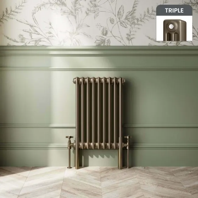 Athens Antique Gold Triple Column Horizontal Traditional Radiator 600x425mm