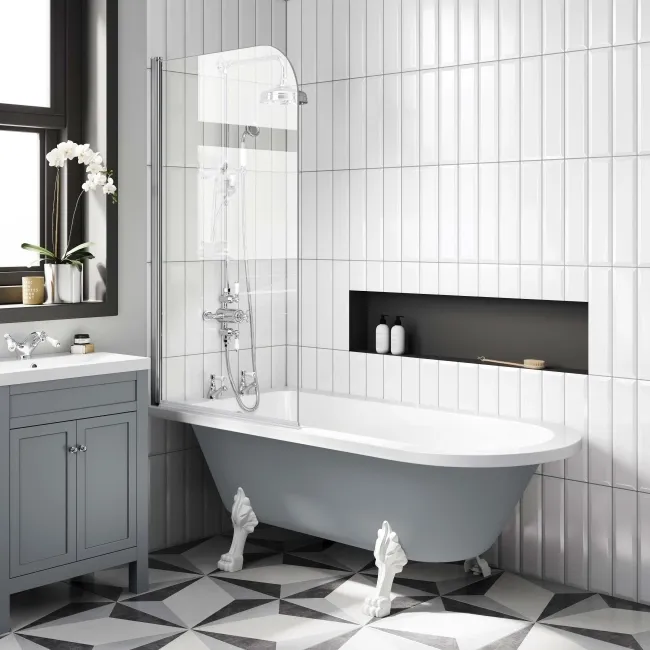 Abingdon 1700mm Dove Grey Roll Top Shower Bath - White Claw Feet & 6mm Easy Clean Screen