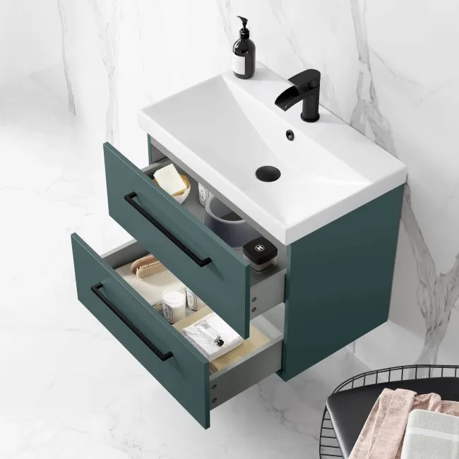 Elba Midnight Green Wall Hung Basin Drawer Vanity 600mm - Black Accents
