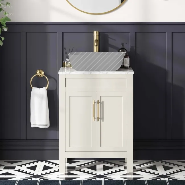 Bermuda Chalk White Cabinet with Marble Top 600mm - Excludes Counter Top Basin - Brass Knurled Handles
