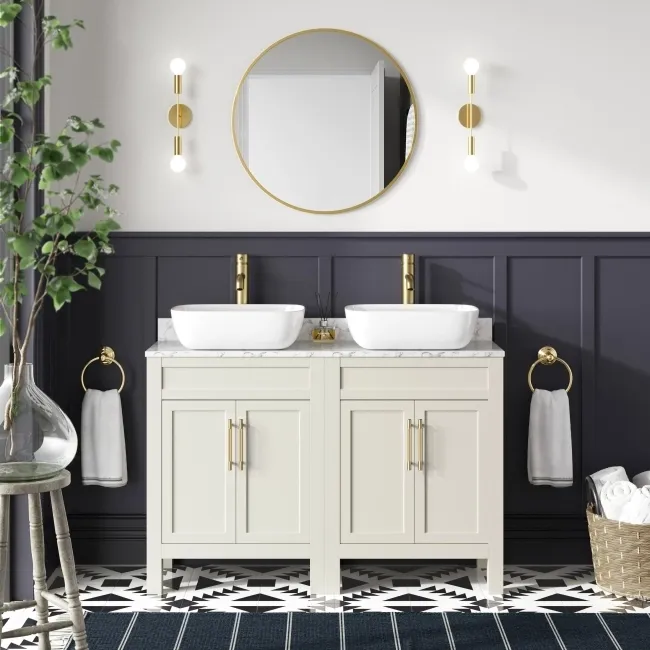 Bermuda Chalk White Vanity with Marble Top & Curved Counter Top Basin 1200mm - Brass Knurled Handles
