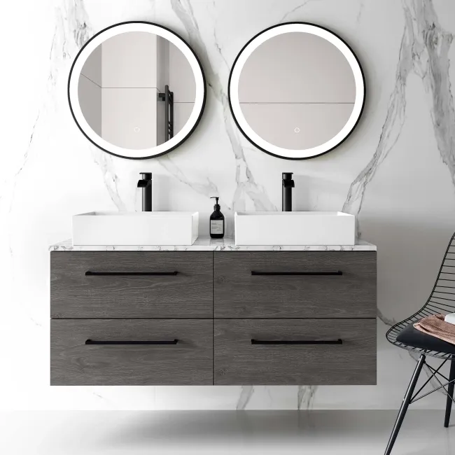 Elba Charcoal Elm Double Wall Hung Drawer Vanity with Marble Top & Cody Basin 1200mm - Black Accents