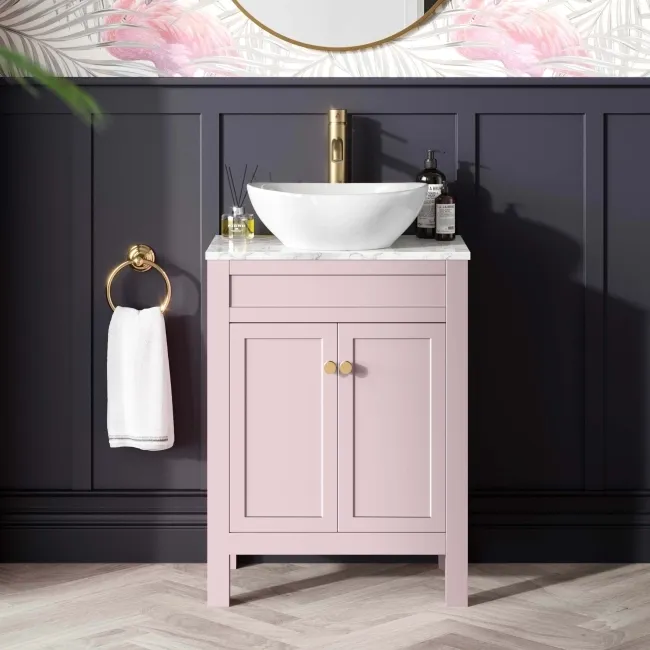 Bermuda Cashmere Pink Vanity with Marble Top & Oval Counter Top Basin 600mm - Brushed Brass Accents
